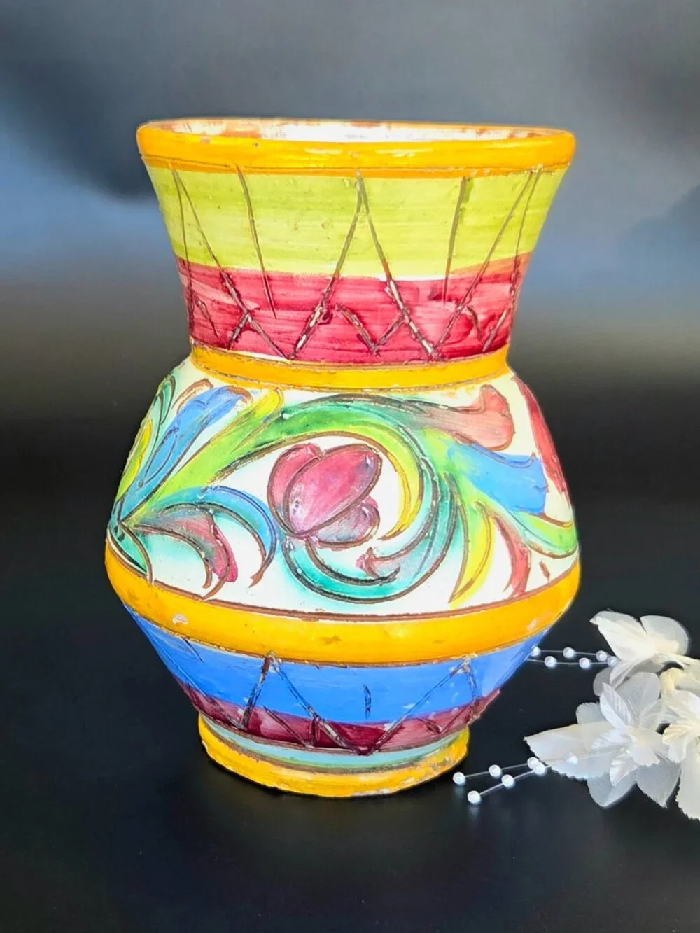 Vintage Italian Majolica Pottery Vase – Hand Painted – Signed – Colorful